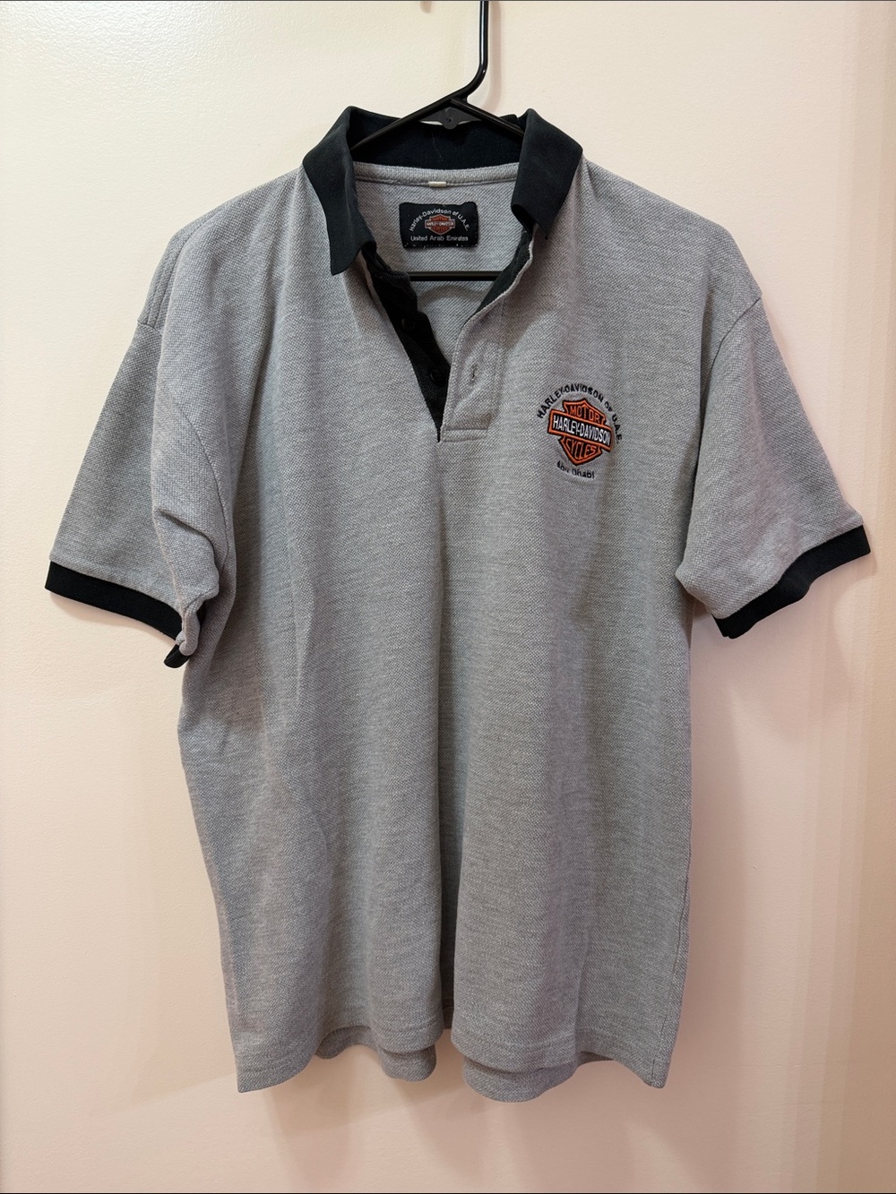 Harley-Davidson Gray Polo with Black Collar and Trim. Abu Dhabi UAE. Size Medium